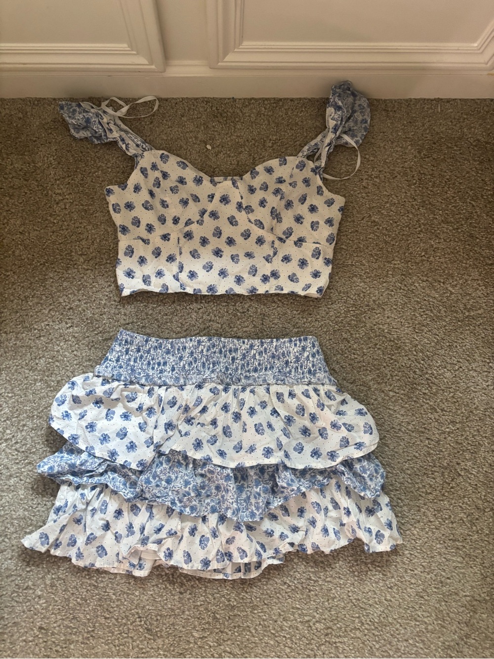 Blue Floral Ruffle Mini Skirt Set - Women